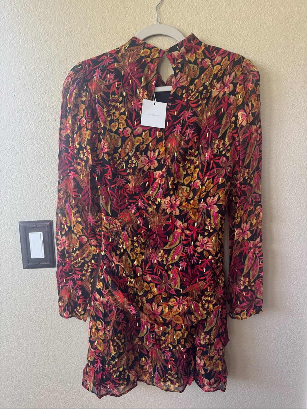Lavender Brown XS Presley Floral Metallic Lurex Cowl Neck Ruffle Mini Dress NWT